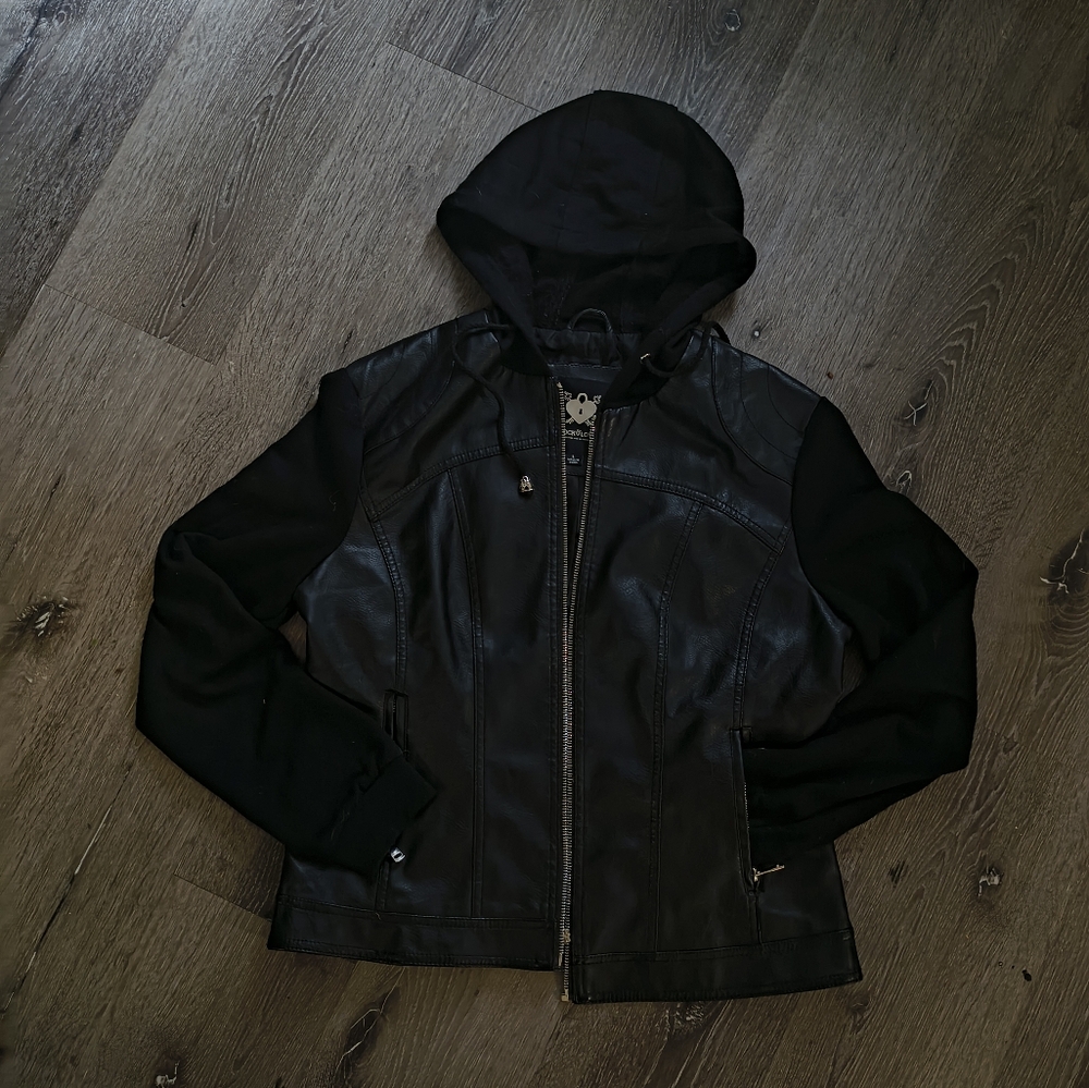Black Pleather Jacket with Hood And Sweater Sleeves
